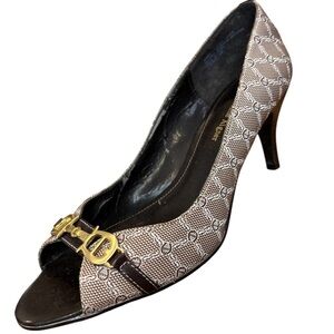 Etienne Aignar Brown and Tan Peep-Toe Buckle Accent Heels